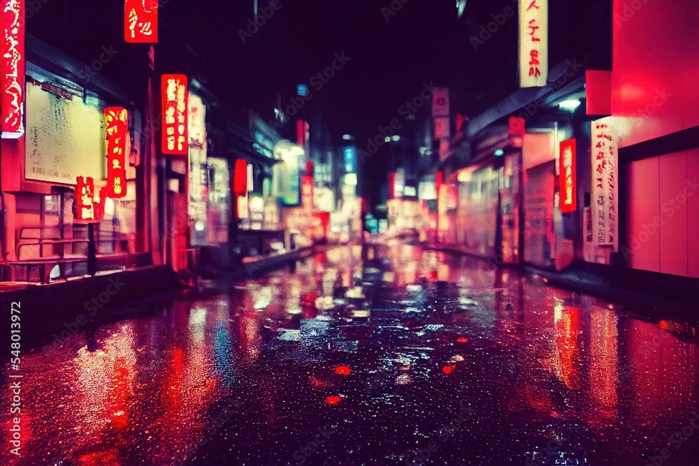 Wet Tokyo streets at night with red neon lights, with a blurred background
