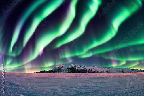 green aurora borealis, polar lights, northern lights, over ice and snow landscape