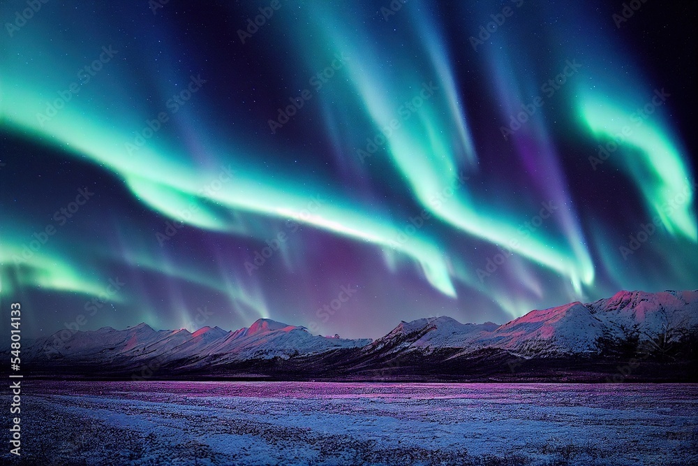 green purple blue aurora borealis, polar lights over ice and snow landscape