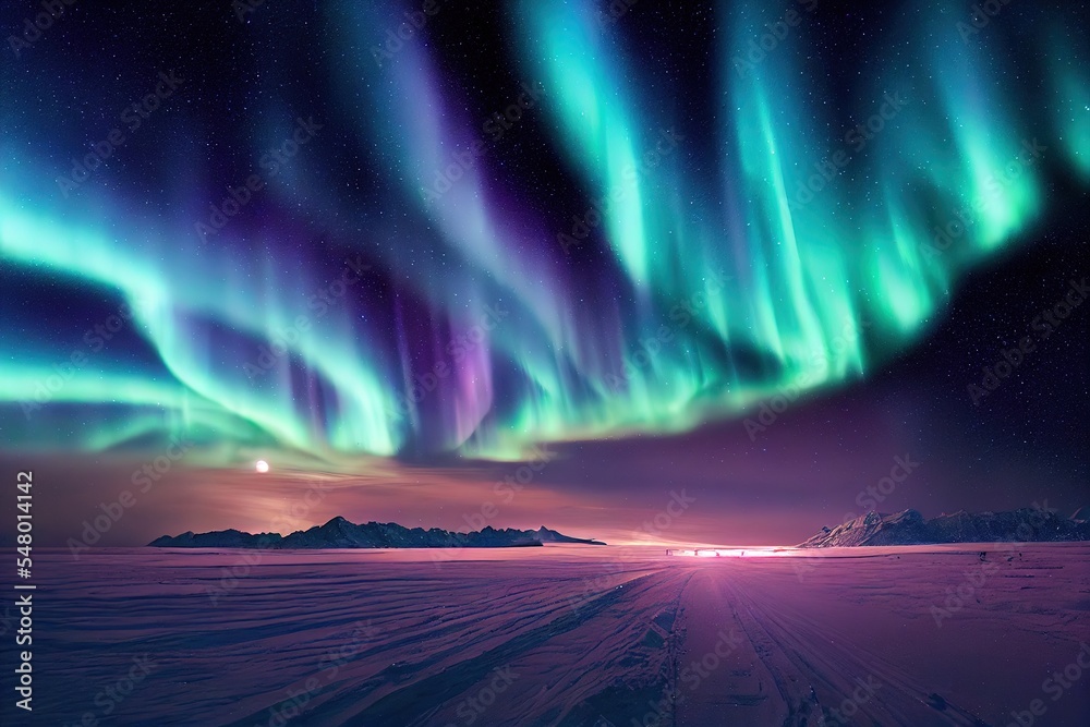 purple blue green aurora borealis, polar lights over ice and snow landscape