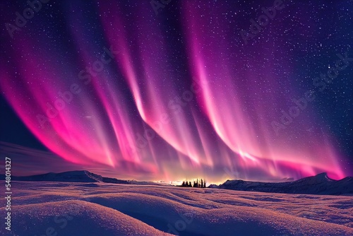 pink white aurora borealis, polar lights over ice and snow landscape