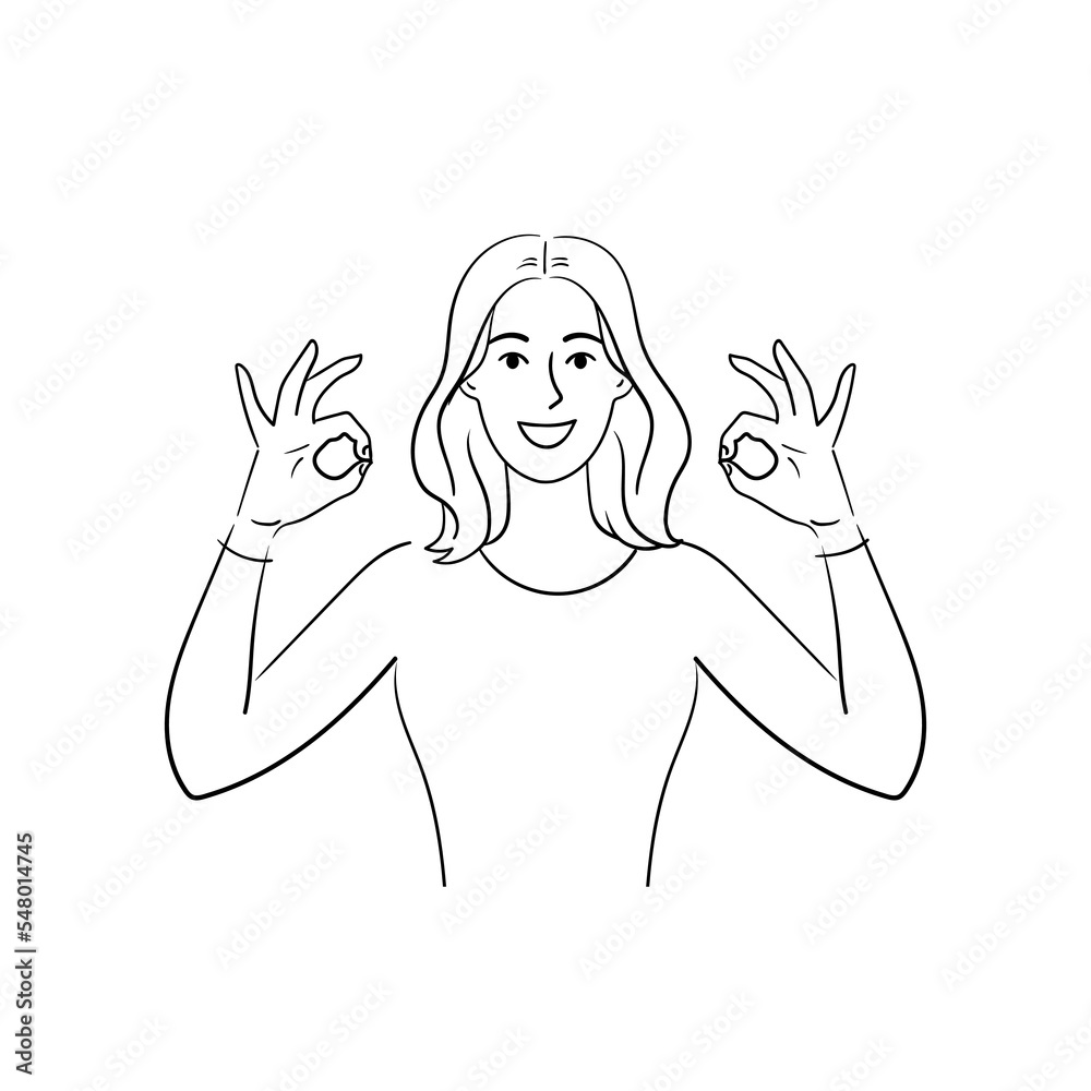 OK sign.Smiling young woman with mudra hands mediating and practice yoga engaged in stress relief technique. Stock vector illustration