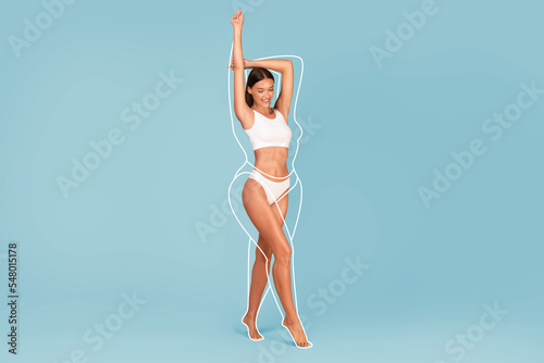 Slimming Concept. Beautiful Slim Female In Underwear With Drawn Outlines Around Body