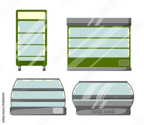 Empty shelves or glass shop display vector illustrations set. Collection of cartoon drawings of refrigerators for product showcase in stores isolated on white background. Shopping, retail concept