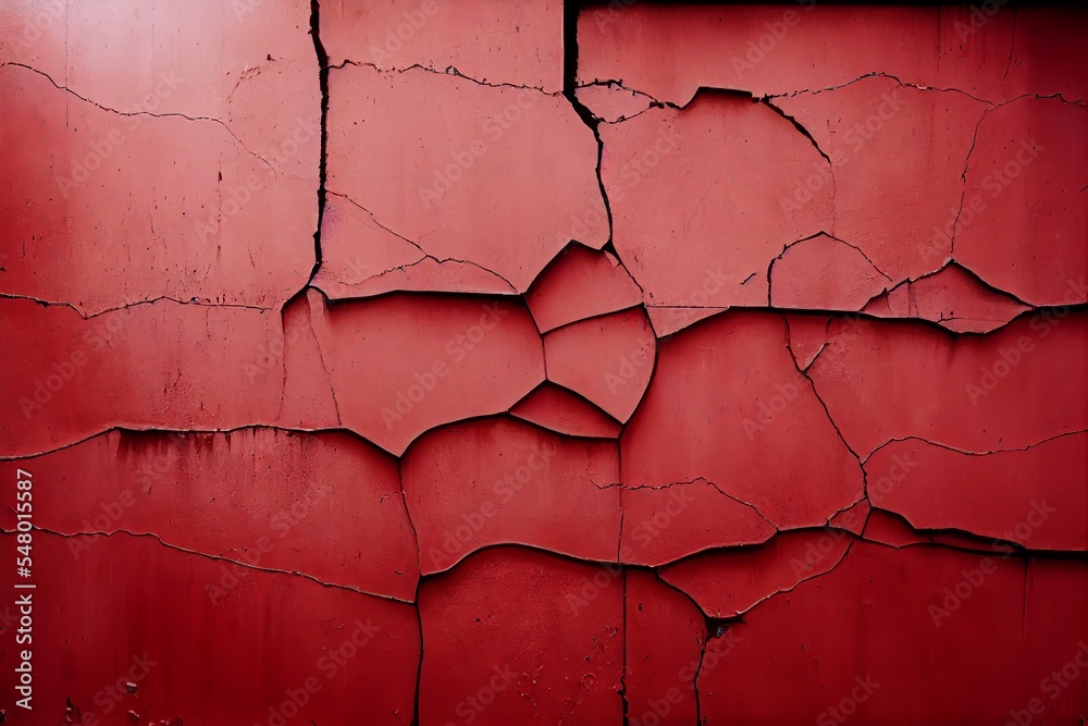 Background with old distressed cracked red concrete wall. Vintage texture