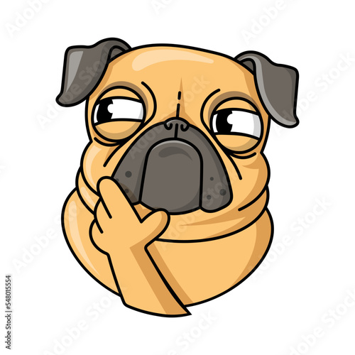 Funny suspicious pensive pug flat sticker. Adorable pug dog cartoon character isolated vector illustration for t shirts. Animal sketch and mascot concept