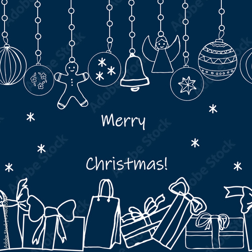 White outline christmas card on dark blue background. Modern flyer template for decoration design. Vector ornament pattern. Happy festive background. Текст: merry christmas. Party invitation design.