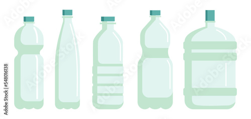 Bottles for water of different shapes vector illustrations set. Cartoon drawings of containers for liquid isolated on white background. Ecology, environment, recycling concept