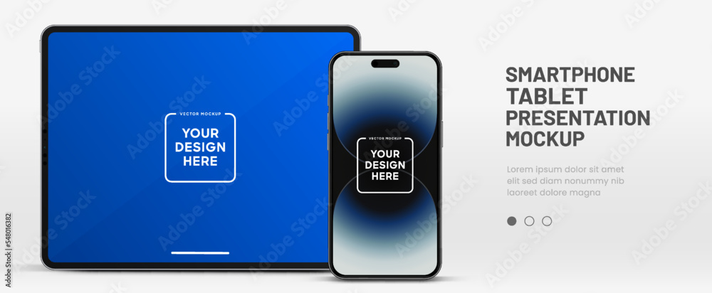 Obraz premium Modern laptop mockup front view and high quality smartphone and tablet mockup isolated on white background. Notebook mockup and phone device mockup for ui ux app and website presentation.Stock Vector.