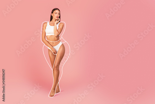 Body Care. Slim Woman In Underwear With Drawn Silhouette Outlines Around Figure