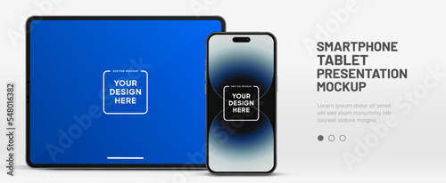 Modern laptop mockup front view and high quality smartphone and tablet mockup isolated on white background. Notebook mockup and phone device mockup for ui ux app and website presentation.Stock Vector.