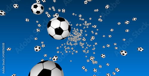 Soccer balls on a blue background. Many flying soccer balls in the foreground and background.