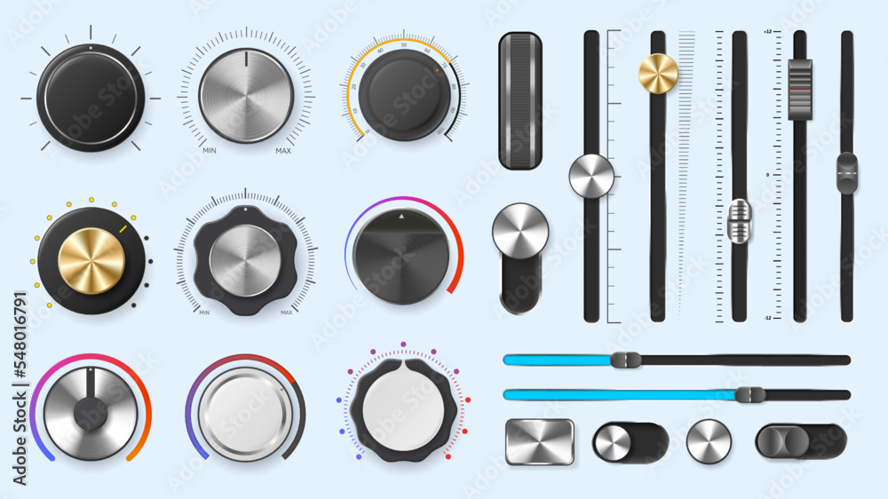 Audio mixer dials. Volume adjustment levels metal knobs and slider regulators, round and line amplify controllers vector set