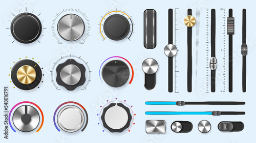 Audio mixer dials. Volume adjustment levels metal knobs and slider regulators, round and line amplify controllers vector set photo