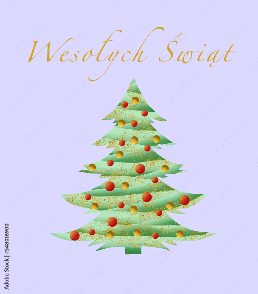 Kartka świąteczna, Boże Narodzenie, Wesołych Świąt, Choinka z bombkami. 