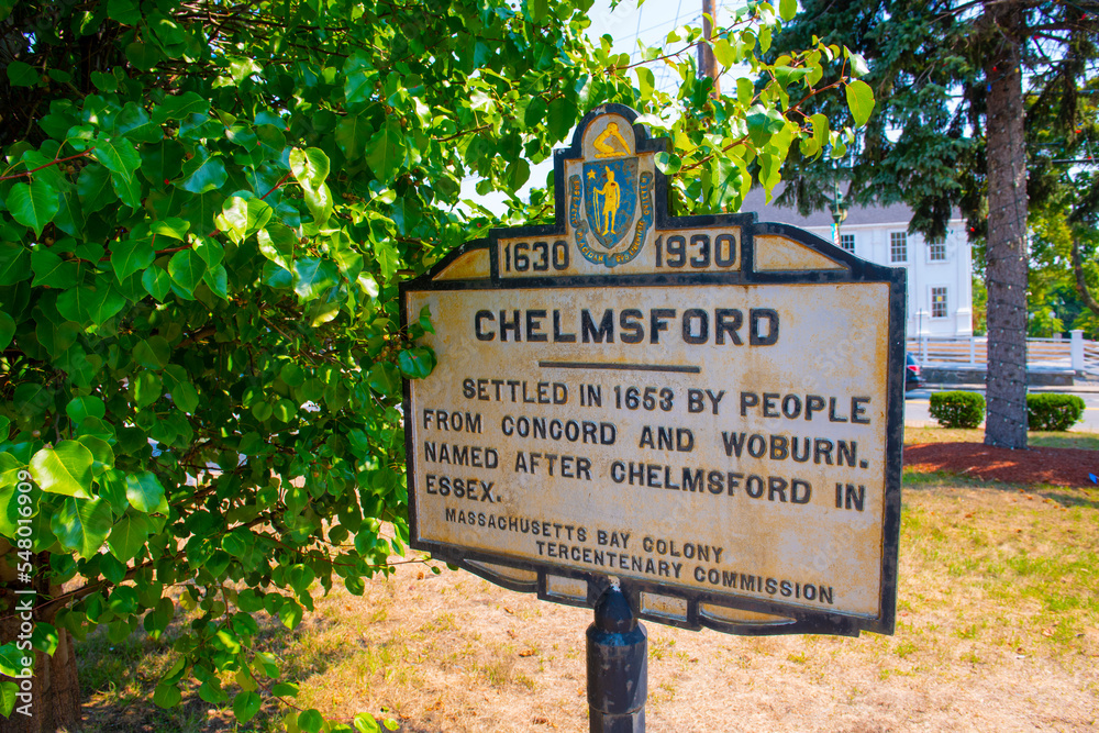 Sign of Chelmsford History at Central Square in town center of Chelmsford, Massachusetts MA, USA. 