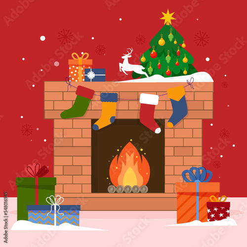 Christmas stocking on fireplace and gift boxes. Christmas long socks for Santa Claus presents. Christmas fireplace scene concept in flat design. Merry Christmas and Happy New Year. Winter holidays.