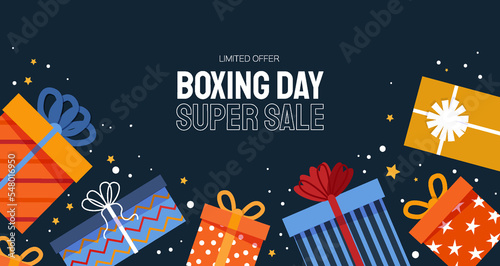 Boxing Day Concept. Different gift boxes for Santa Claus presents. Happy New Year. Winter holidays. Flat style