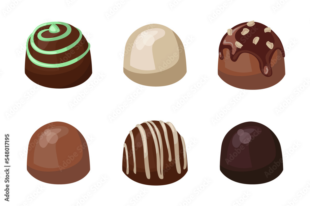 Obraz premium Glazed chocolate candies vector illustrations set. Collection of cartoon drawings of delicious sweets with colorful icing isolated on white background. Food, desserts, confectionary concept