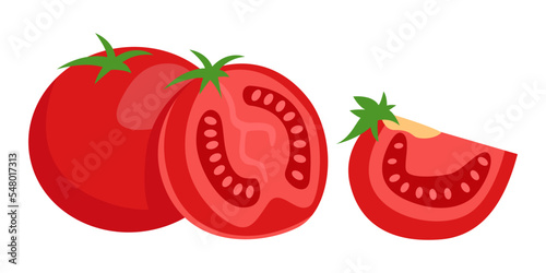 Tomato cut into parts vector illustrations set. Big tomato cut into half and quarter on white background..Cooking, cutting, vegetable concept.