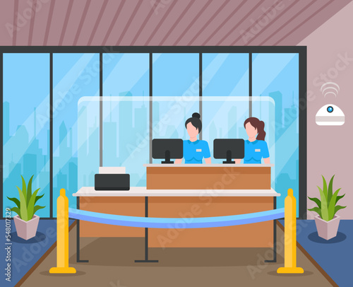 Flat illustration of counters, females sitting at counter