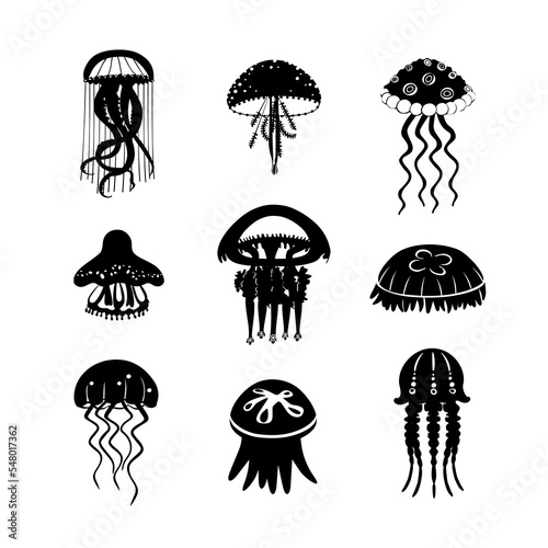 Set black jellyfish icons. Pretty jellyfish different silhouette on white background. For festive card, logo, children, pattern, tattoo, decorative, creative concept. Cartoon vector illustration