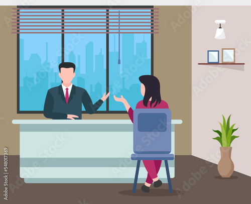 Flat illustration demonstrating office meeting, female and male having discussion 