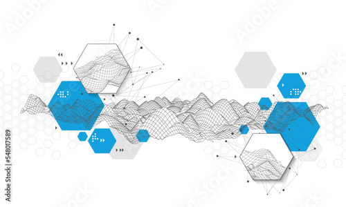 3D grid technology landscape. Modern abstract wireframe background. EPS 10 Vector