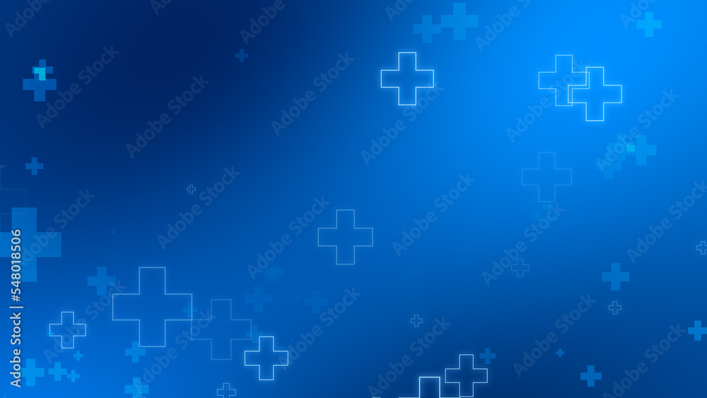 Abstract medical blue cross neon light shapes pattern background.