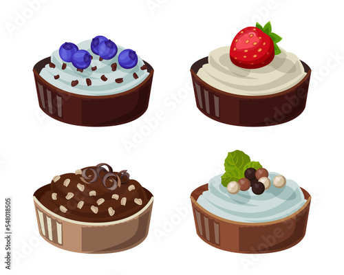 Sweet with different flavors vector illustrations set. Cartoon drawings of cartoon candies with cream and berry toppings isolated on white background. Desserts, food, confectionary concept