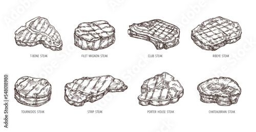 Sketch steak. Hand drawn beef food, engraving bbq meat strip, club and ribeye steaks vector set