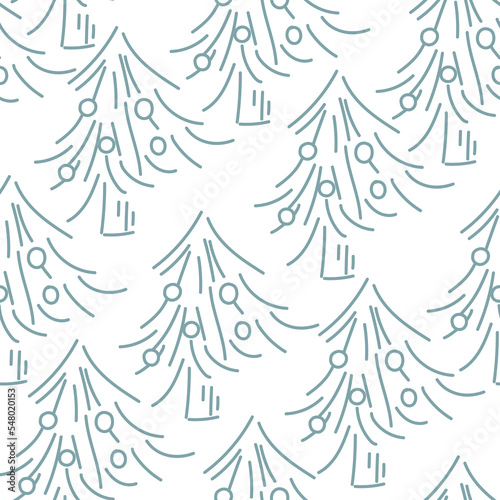 Vector. Hand drawn seamless christmas pattern, linear christmas tree on pastel background. Design templates for typographic products. Minimalism for branding, cover, postcard, wrapping paper.