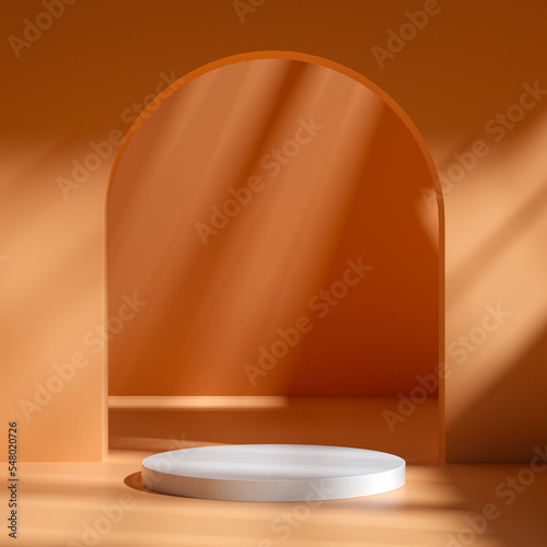 White cylindrical podium in an orange room with shadows on the wall - 3D rendering