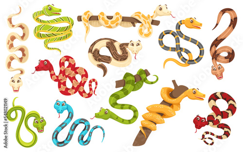 Cartoon snakes in various poses. Anaconda mascot, cute snake and funny tropical reptile vector characters set