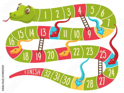 Snake and ladders game. Level grid board with cute color snakes for kids games, fun to play labyrinth vector Illustration