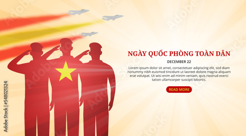 Ngày quốc phòng toàn dân or Vietnam defense day background with saluted soldiers and jetplanes