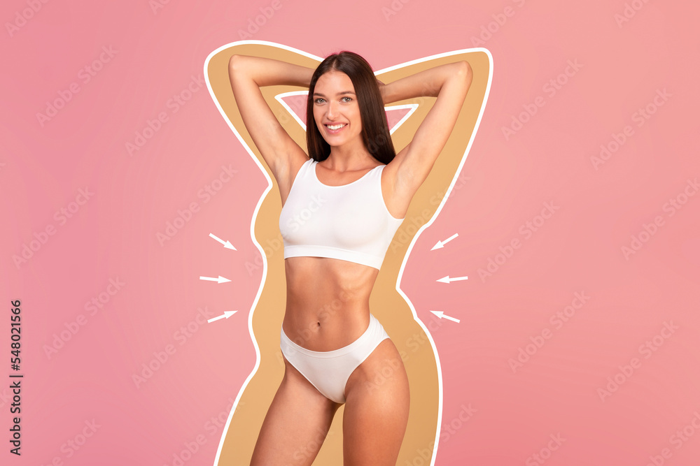 Slimming Concept. Happy Woman In Underwear With Fat Silhouette Outlines  Around Body Stock Photo