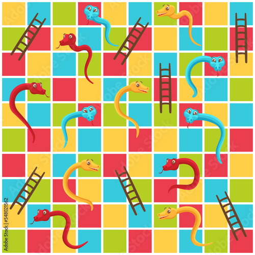 Snake and ladders grid. Color tiles game board with cute snakes and ladder to rise abstract vector illustration