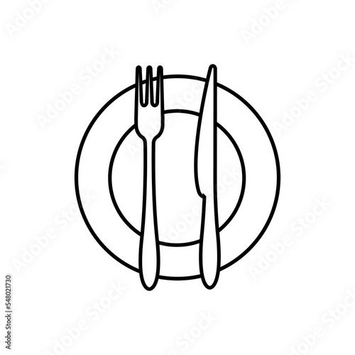 Fork, knife and plate line icon. Traditional cutlery, tableware or kitchenware. Vector Illustration 