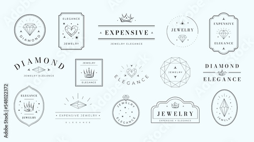 Jewelry emblems. Elegance diamond label template, luxury gemstone emblem and premium minimalistic frame vector set photo