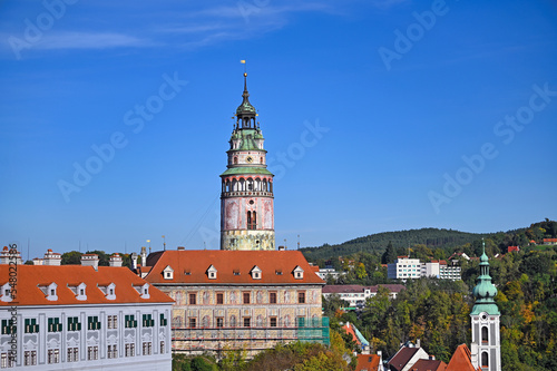 Castle tower and old buildings in Cesky Krumlov Czech republic