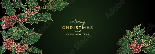 Luxury golden Christmas banner template with holly tree branches. Golden fancy New Year background with floral elements