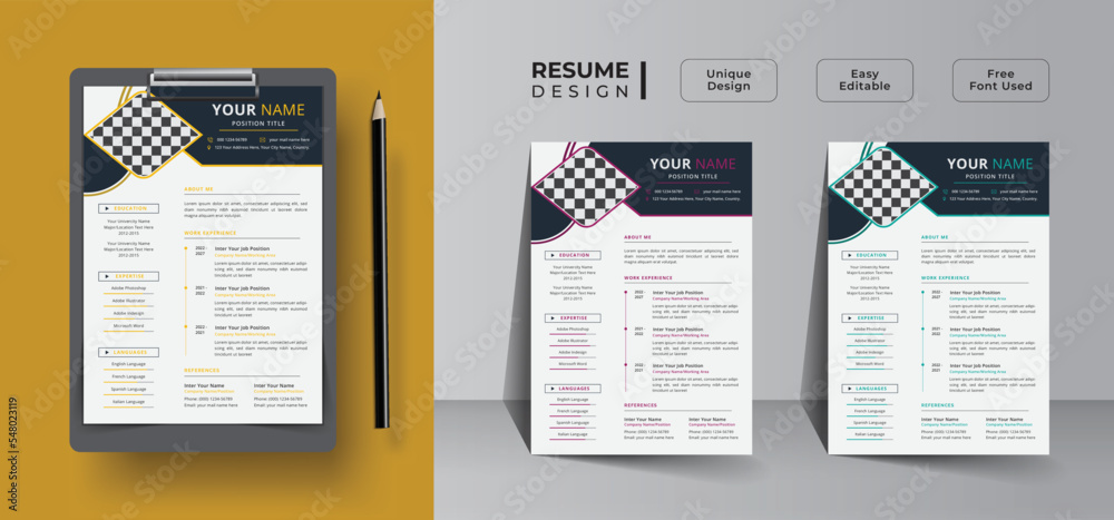 Creative and Modern resume template design with A4 letter layout, Minimalist resume or cv template with business Job, cover letters, and job applications