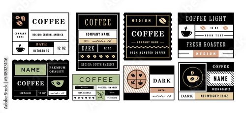 Minimal coffee label template. Vintage sticker layout for ground coffee beans packaging, geometric frame vector set