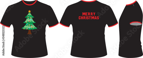 Black Printed Cotton T Shirt CHRISTMAS Santa Xmas Tree Mock up