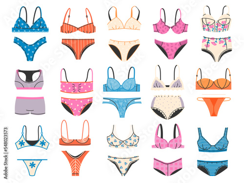 Female underwear. Womens bikini, panties, and bra. Elegant lingerie and swimsuit fashion accessories vector set