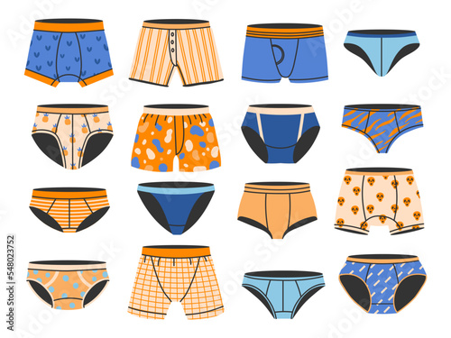 Casual man panties. Boy swimwear trunks, mens underwear and male everyday boxers. Briefs types vector set