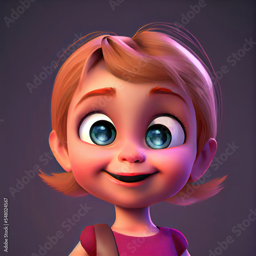 generic smiling red head and blue eyed baby girl cartoon portrait, digital painting in 3D cartoon movies style photo