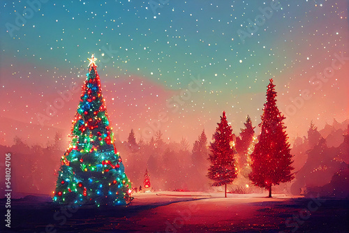 Bright Ornate Christmas Tree Hand Drawn Art Illustration Abstract Background. Merry Christmas And Happy New Year Stylish Post Card Classy Artistic Wallpaper. Christmastime Scene Handdrawn Artwork
