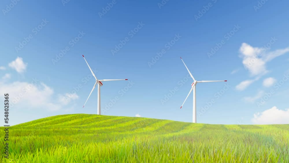 3840x2160. Solar power plant and windmills. Renewable energy, green tech. Powerful wind turbine farm for energy production on beautiful blue sky at scenic green hills. 3D Animation. 3840x2160. Solar power plant and windmills. Renewable energy, green tech. Powerful wind turbine farm for energy production on beautiful blue sky at scenic green hills. 3D Animation.